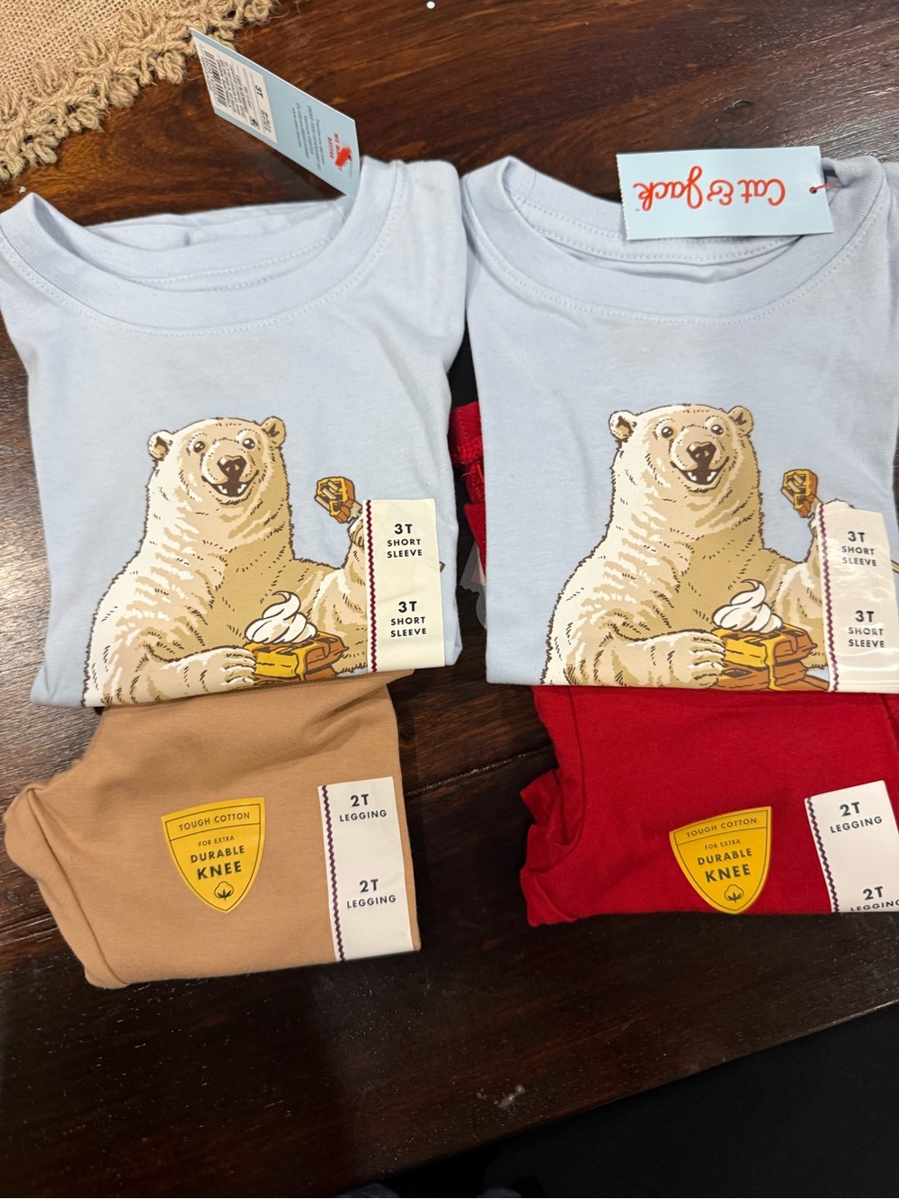 Cat & Jack Light Blue Polar Bear Tee and Red/Tan Leggings Matching Sets